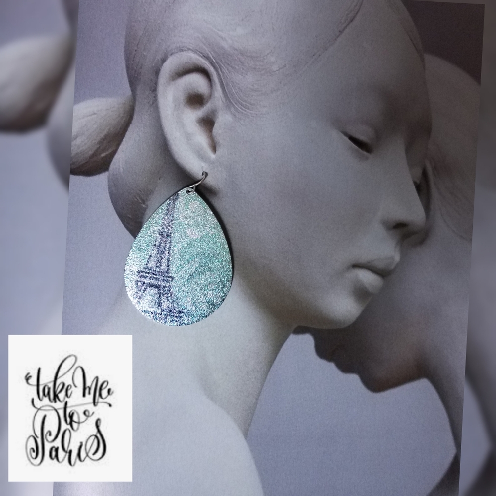 New Beautiful Silver Teardrop Earrings Textured Sparkling Eiffel Tower Paris Mod
